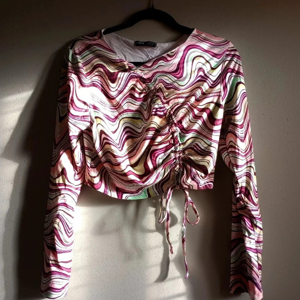 Marble purple multicolored crop top with ribbon women's long sleeve shirt tee